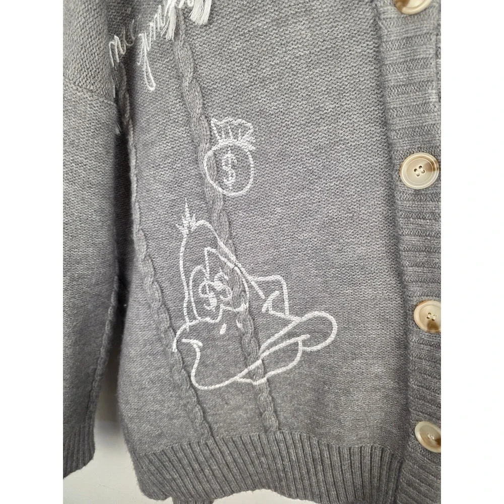 13DE MARZO Looney Tunes Daffy Duck Grey‎ Knit Hooded Cardigan Sweater Mens Med - Picture 3 of 12